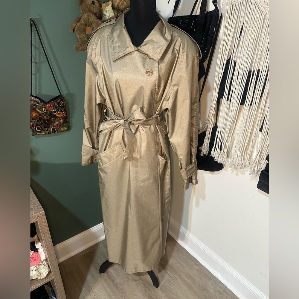 Vintage Laura Winston Belted Trench Coat Womens Gold Shimmer Size L